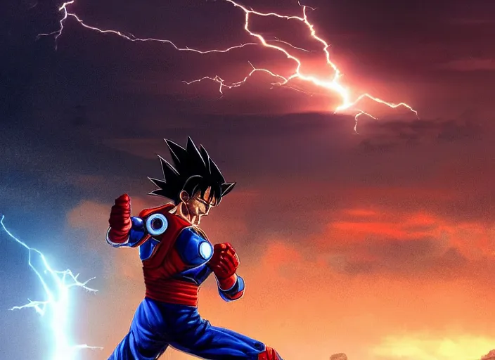 Image similar to realistic goku fighting iron man, beautiful landscape, lightning storm, dramatic lightning, cinematic, establishing shot, extremly high detail, photorealistic, cinematic lighting, epic fight scene, post processed, concept art, artstation, matte painting, style by greg rutkowsky