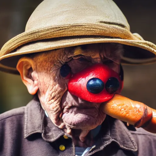 Image similar to an elderly man wearing a mask made from a hotdog, bold natural colors, national geographic photography, masterpiece, 8 k, raw, unedited, symmetrical balance