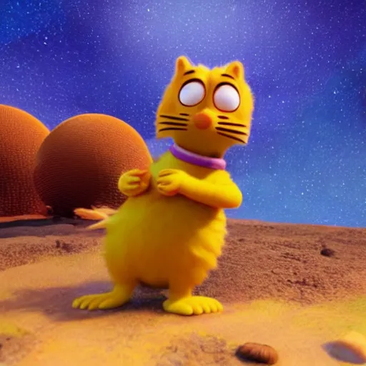 Image similar to garfield is he were a planet, space, stars, hair physics, blender render, pixar, disney, unreal engine 5, nvidia hair,