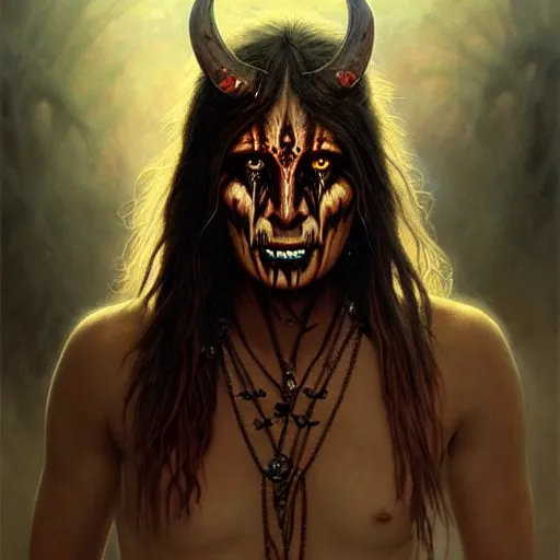 Image similar to evil native american skinwalker transformation, horror demon, heroic lighting, dark fantasy, intricate, elegant, highly detailed, lifelike, photorealistic, digital painting, artstation, illustration, concept art, smooth, sharp focus, art by John Collier and Albert Aublet and Krenz Cushart and Artem Demura and Alphonse Mucha