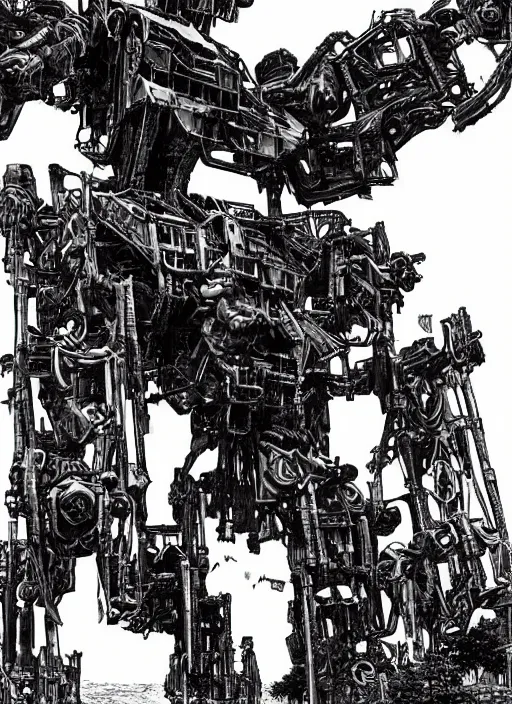 Prompt: A giant mech suit made out of pirate ship parts, bipedal, humanoid, wooden, canons attached to arms, masts for legs by Mike Deodato