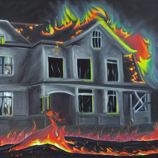 Image similar to Kanye Donda listening party house, dark oil painting, flames, fire