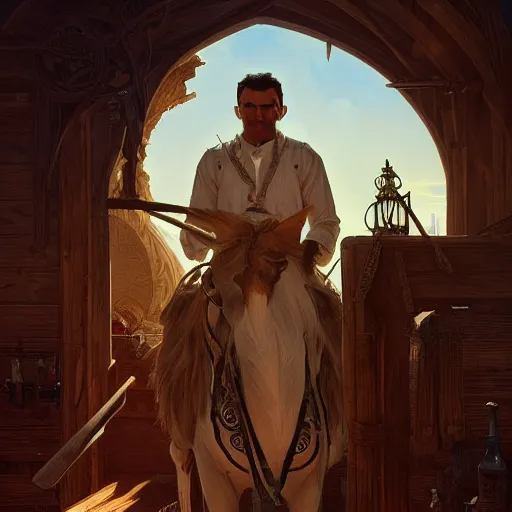 Image similar to clean shaven, tan, middle - aged christian priest with dark hair in wild west, gorgeous, beautiful, intricate, highly detailed, digital painting, artstation, oppressive lighting, concept art, sharp focus, illustration, art by greg rutkowski and alphonse mucha