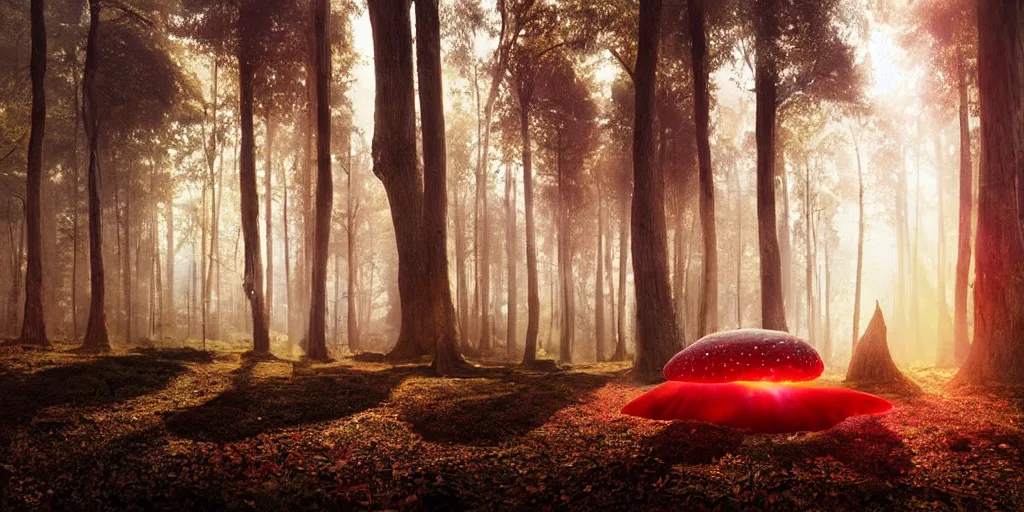 Image similar to Photo by Filip Hodas of the cinematic view of the Forest of the Giants, giant mushroom with a little transparency, some normal mushrooms on the floor, A very big red mushroom with white spots , photorealism, a few sun ray of lights falling, photo taken with canon 5D