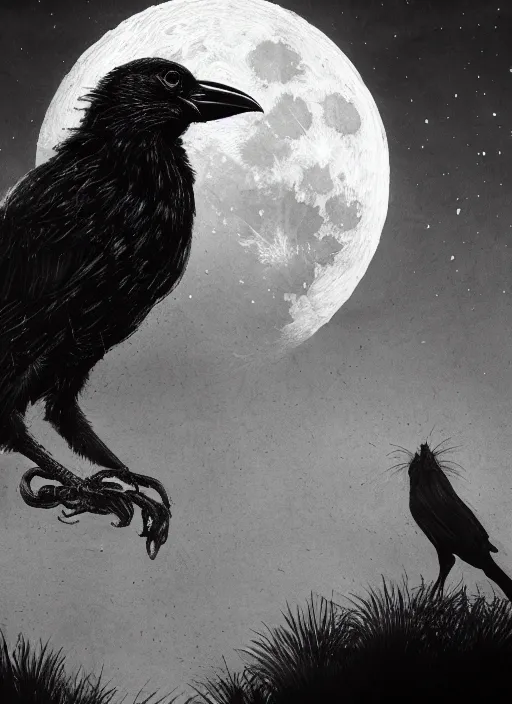 Image similar to portrait, A crow in front of the full big moon, book cover, red white and black colors, establishing shot, extremly high detail, foto realistic, cinematic lighting, pen and ink, intricate line drawings, by Yoshitaka Amano, Ruan Jia, Kentaro Miura, Artgerm, post processed, concept art, artstation, matte painting, style by eddie mendoza, raphael lacoste, alex ross