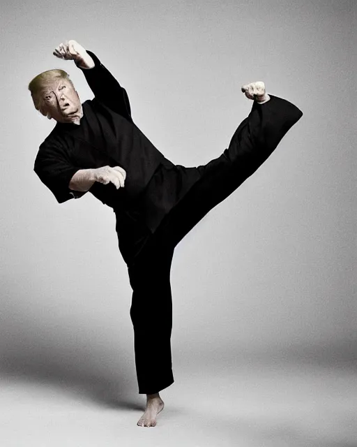 Prompt: Donald Trump practicing karate at the Shaolin temple, photorealistic, studio lighting, photographed in the style of Annie Leibovitz