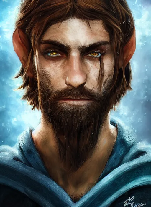 Image similar to A fantasy comic book style portrait painting of an arrogant half elf ranger, shaggy brown hair, scruffy beard, scar on face, blue tunic, unreal 5, DAZ, hyperrealistic, octane render, cosplay, RPG portrait, dynamic lighting