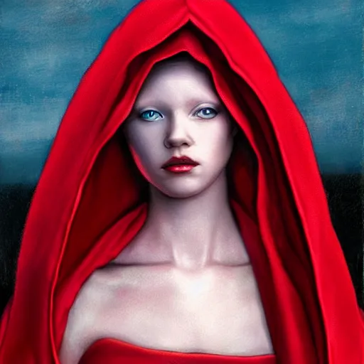 Prompt: beautiful albino princess wearing a red hooded cloak by gerald brom, photo realistic, 4 k
