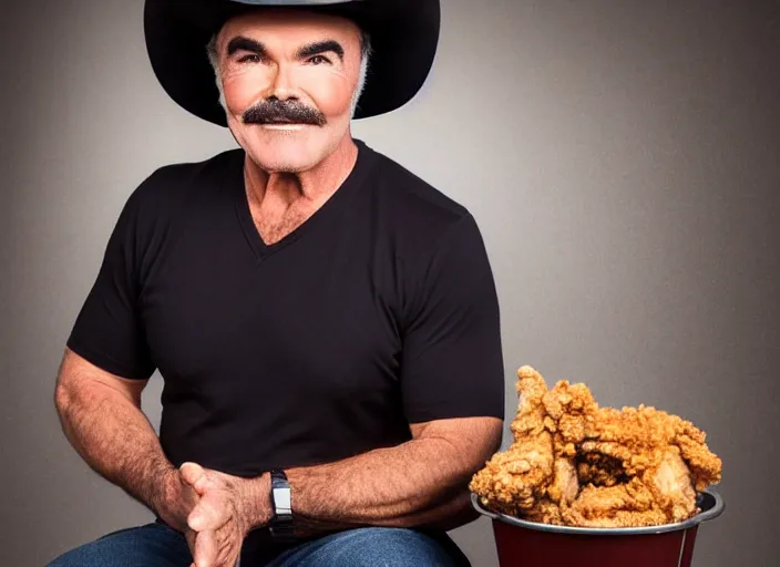 Image similar to studio portrait photo still of 3 0 year old burt reynolds!!!!!!!! at age 3 0 3 0 years old 3 0 years of age!!!!!!! wearing a cowboy hat holding a bucket of fried chicken, 8 k, 8 5 mm f 1. 8, studio lighting, rim light, right side key light