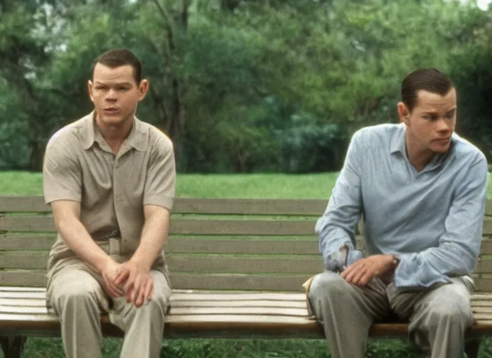 Image similar to film still of matt damon as forrest gump sitting on a bench in forrest gump, 4 k