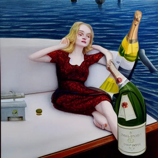 Image similar to Elle Fanning on a yacht next to a bottle of champagne, extremely detailed masterpiece, illustration, by Michael Sowa,