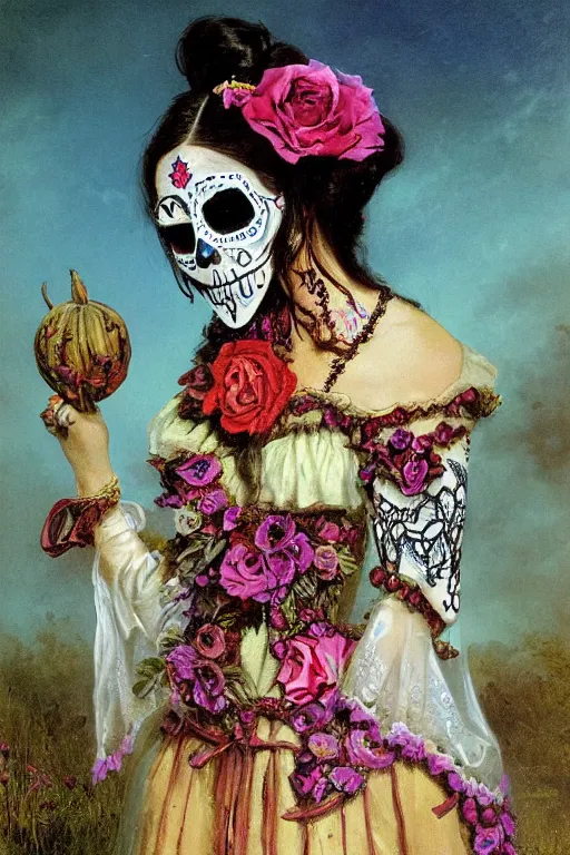 Image similar to Illustration of a sugar skull day of the dead girl, art by Albert Bierstadt