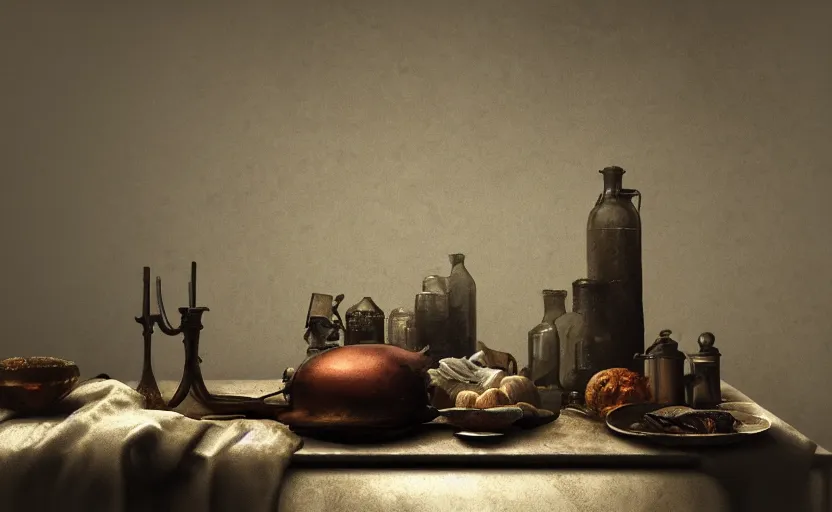 Prompt: alchemy amazing still life composition, gloomy and foggy atmosphere, octane render, rembrandt, cgsociety, artstation trending, horror scene, highly detailded