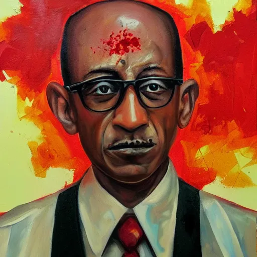 Image similar to an oil painting of Arabic Gus Fring with blood shot eyes