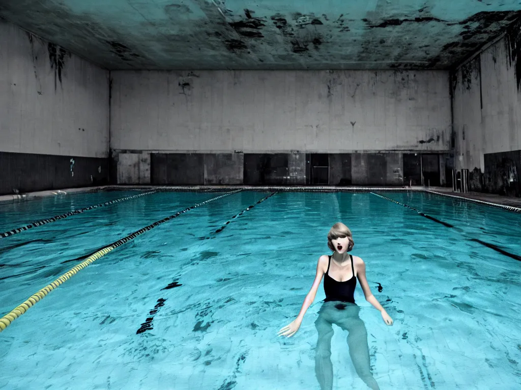 Prompt: taylor swift swimming inside a disgusting abandoned swimming pool liminal space nostalgia grey black mould