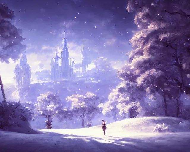 Image similar to scenery artwork, scene beautiful, light!! light essential cozy winter snow world snow and expansive dream scenery pixiv scenery art beautiful, surrealism oil on canvas, artstation!! pixiv!! dream scenery, quality astral projection render, nier automata concept art, vaporwave textures