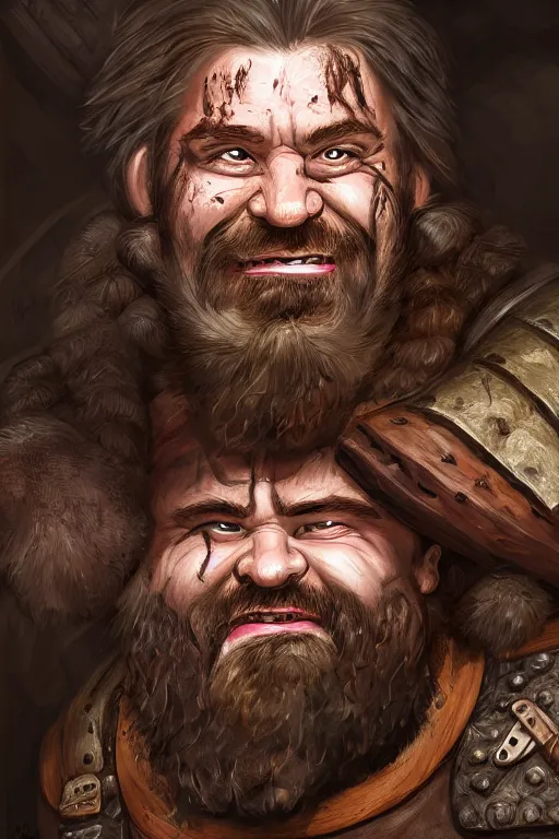 Image similar to head and shoulders portrait in a tavern of a dwarf adventurer, jovial, scarred lip, grandfatherly, leather armor, male, high fantasy, d & d, by hans zatka, face details, extremely detailed, digital illustration