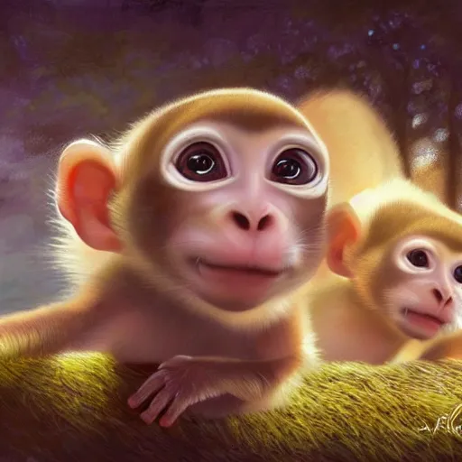 Image similar to clear portrait of baby monkeys, adorable appearance!!!, golden hour, happy apearance, cottagecore!!, background hyper detailed, character concept, full body, dynamic pose, intricate, elegant, highly detailed, digital painting, artstation, concept art, smooth, sharp focus, illustration, art by artgerm and greg rutkowski and alphonse mucha