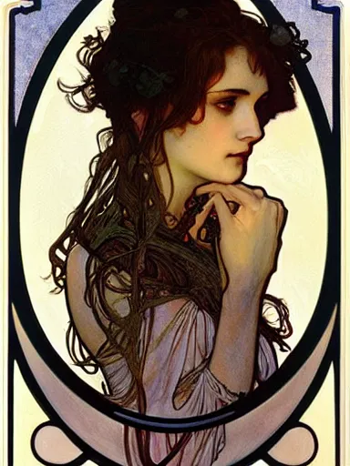 Image similar to a beautiful painting of young winona ryder by Alphonse Mucha and by Mark Brooks and by john william waterhouse and by arthur rackham, Art Nouveau, Neo-Gothic, gothic, award winning painting, hyperdetailed, detailed