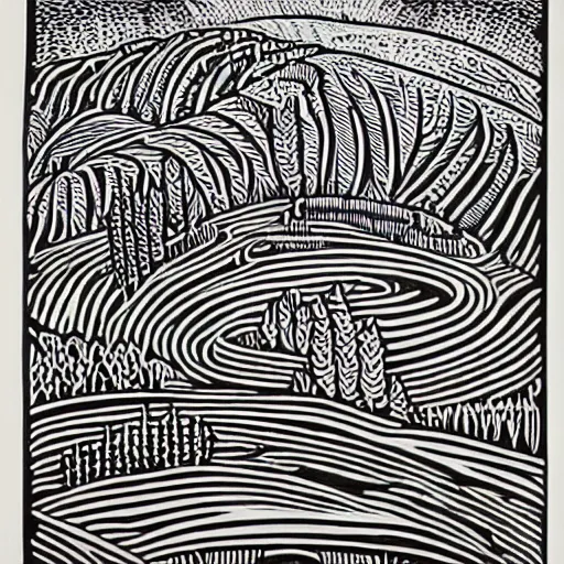 Image similar to intricate, detailed, Linocut Art on paper of fields of wheat and canadian mountains. Epic Latin American Linocut. Art by leopoldo mendez