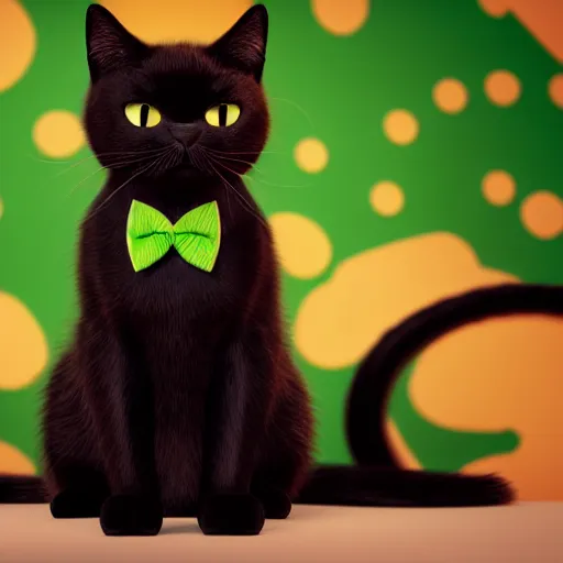 Image similar to cute black cat with white whiskers and green eyes, bowtie, high detail, rendered in octane, pixar style, studio photography