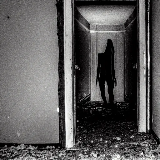 Prompt: hi - 8 night vision camera found - footage of a barely visible, human bipedal minotaur, shrouded in darkness at the end of an extremely dark, unlit hallway in a basement of an abandoned house