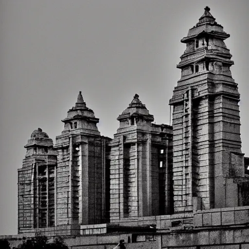 Image similar to a super high - rise hindu temple, panning shot, dusk, by corbusier