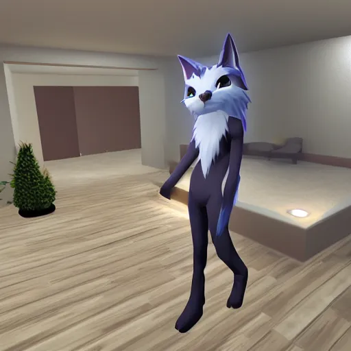 Prompt: vrchat furry avatar in a softly lit home