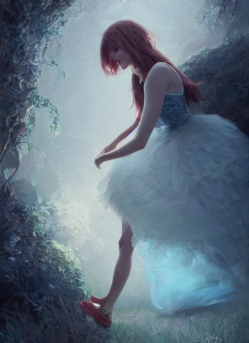 Prompt: alice wonderland detailed dress, half body shot, arms down, path traced, highly detailed, high quality, digital painting, alena aenami, arnold bocklin, tom bagshaw