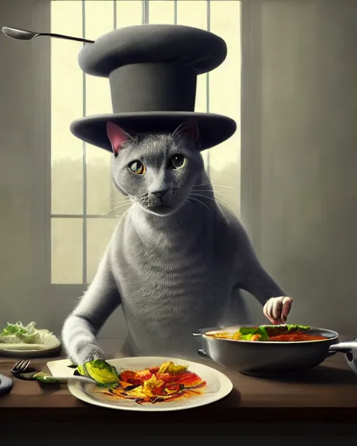 Prompt: highly detailed surreal vfx portrait of a grey cat with chefs hat on cooking a meal, stephen bliss, unreal engine, greg rutkowski, loish, rhads, beeple, makoto shinkai and lois van baarle, ilya kuvshinov, rossdraws, tom bagshaw, alphonse mucha, global illumination, detailed and intricate environment