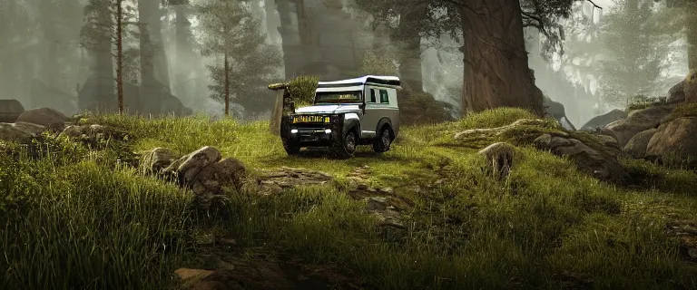 Image similar to Land Rover Defender 110 (1985), The Elder Scrolls V: Skyrim, Riften, The Rift, an epic fantasy, living flora, spriggans, humanoid flora, green floral energy flowing, dramatic lighting, cinematic, establishing shot, extremely high detail, photorealistic, cinematic lighting, artstation, by simon stalenhag