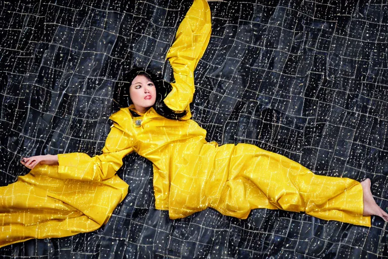Image similar to wide portrait of a dark-haired woman wearing a yellow raincoat in front of a bed covered with white line, black puzzle pieces are hovering in the air, atmospheric, cinematic, ultra detailed, volumetric lighting, photography, by Weta Digital