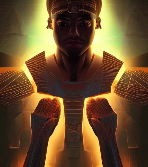 Image similar to symmetry!! egyptian prince of technology, solid cube of light, hard edges, product render retro - futuristic poster scifi, lasers and neon circuits, brown skin man egyptian prince, intricate, elegant, highly detailed, digital painting, artstation, concept art, smooth, sharp focus, illustration, dreamlike, art by artgerm