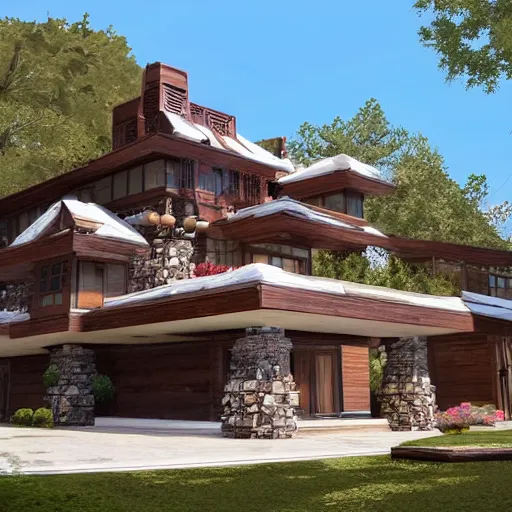 Prompt: Peaceful wooden mansion, unreal engine 5 tech demo, zillow interior, living room, cozy, Frank Lloyd Wright