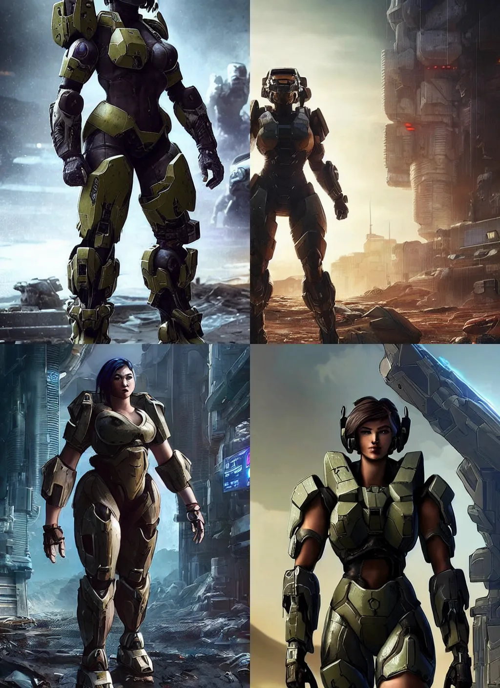 Prompt: a beefy bulky female warrior in armor walking in a cyberpunk wasteland facing the camera, Inspired by Holly Tanaka from Halo 5, mjolnir armor from halo infinite without a helmet!!!!!!!!!!!!!!!!!!!!!!!!!, intricate, female face features!!!!!!!!!!!!!!!!!!!!!!!!!!!!!!!, 8K, octane render, Digital painting, concept art, illustration, sharp focus, centered, good value control, realistic shading, rational painting, a rainy night, water, wet, rain, rainstorm, rubber undersuit