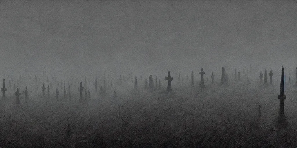 Image similar to wide view of ash covered graveyard, ashen mist, void black holes, eldritch, beksinski,