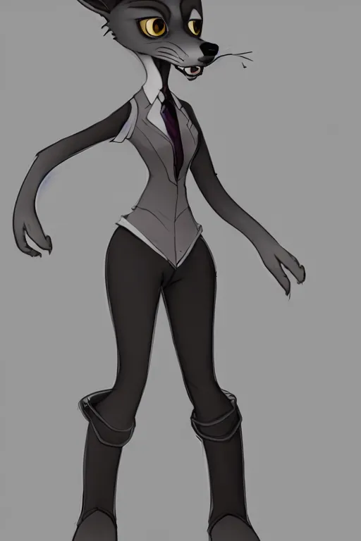 Image similar to concept art of anthromorphic female wolf, in style of cory loftis, female fursona, furry, furaffinity, 4 k, deviantart, furry art, fursona art, wearing black business suit, business suit, in style of zootopia, wolf fursona, cyberpunk, female, very expressive detailed feminine face,