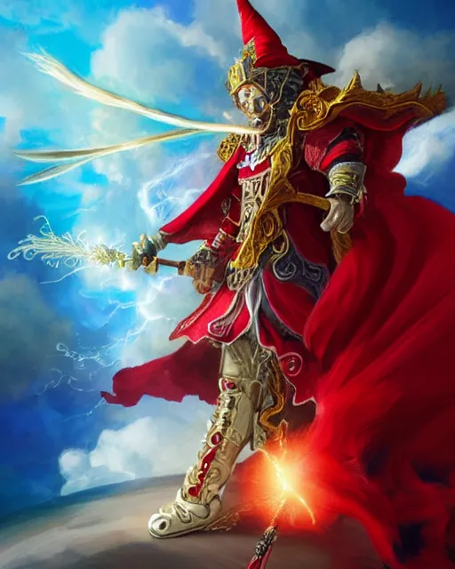 Prompt: A Full View of a Red Mage wearing red white and gold striped magical shining armor and a feathered hat holding a staff of power with a gemstone topper surrounded by an epic cloudscape. Magus. Red Wizard. Magimaster. Conquistador armor. Red and white striped cape. Fantasy Illustration. masterpiece. 4k digital illustration. by Ruan Jia and Mandy Jurgens and Artgerm and greg rutkowski and Rembrant and William-Adolphe Bouguereau and Edmund Blair Leighton, award winning, Artstation, art nouveau aesthetic, Alphonse Mucha background, intricate details, realistic, panoramic view, Hyperdetailed, 8k resolution, intricate art nouveau