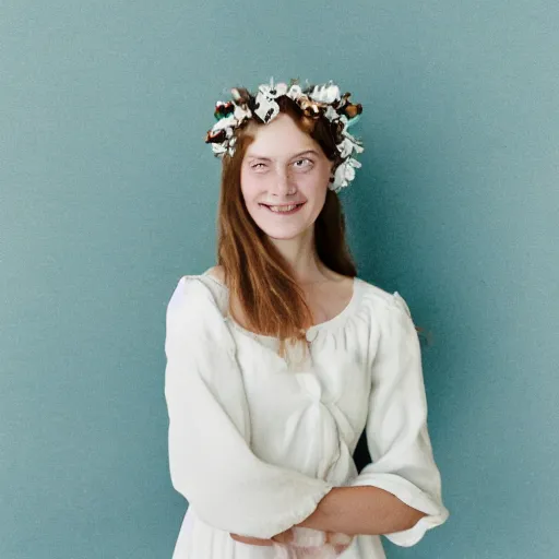 Prompt: a photograph of beautiful nordic woman, wistful smile, wearing a white folkdrakt dress, she has a summer flower headband. against a teal studio backdrop. strong kodak portra 4 0 0 film look. film grain. cinematic. in - focus