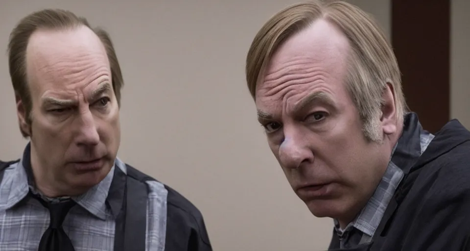 Prompt: bob odenkirk intensely arguing with michael mckean in court, still from better call saul