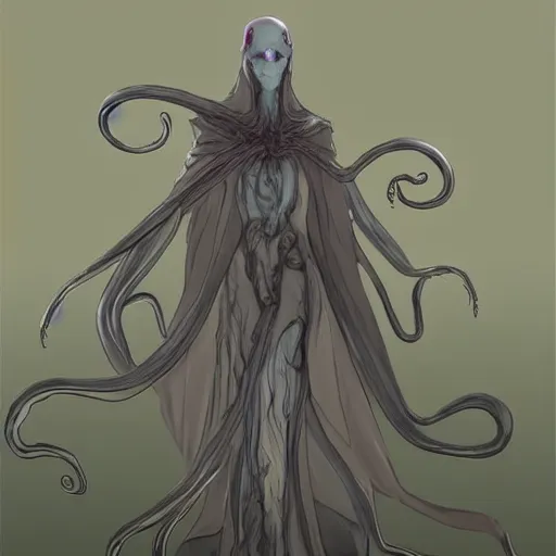 Image similar to concept designs for an ethereal ghostly wraith like figure with a squid like parasite latched onto its head and long tentacle arms that flow lazily but gracefully at its sides like a cloak while it floats around a frozen rocky tundra in the snow searching for lost souls and that hides amongst the shadows in the trees, this character has hydrokinesis and electrokinesis for the resident evil village video game franchise with inspiration from the franchise Bloodborne and the mind flayer from stranger things on netflix