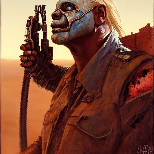 Image similar to Portrait of Immortan Joe by Greg Rutkowski. He is making an announcement from his war rig in the desert by Mark Arian. It is bright and desolate and rusty by H.R. Giger. soft render, octane, highly detailed painting by Moebius. artstation Blank Canvas Scene by Tetsuya Nomura.