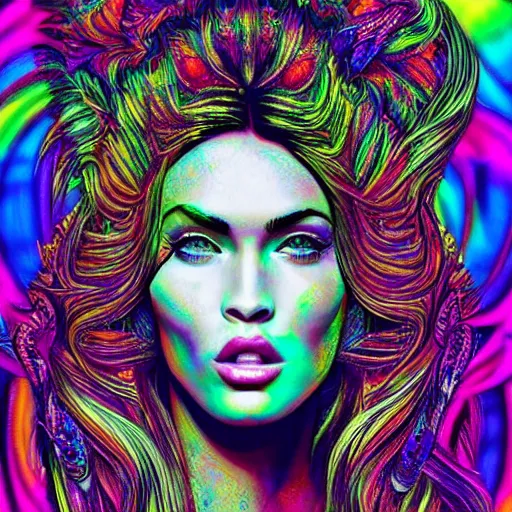 Prompt: an extremely psychedelic portrait of megan fox, surreal, lsd, face, detailed, intricate, elegant, lithe, highly detailed, digital oth, sharp focus, illustration,
