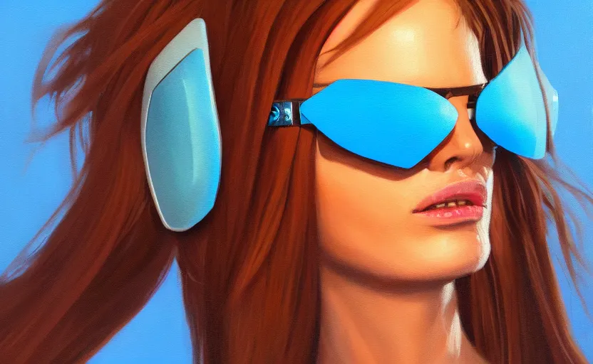 Image similar to closeup painting of donald trump cyberpunk woman smirking, wearing light blue shutter shades and a dark brown leather jacket, one side haircut, long brown hair with light blue ends, portrait, hyperdetailed, artstation, cgsociety, 8 k, synthwave by tangerine dream