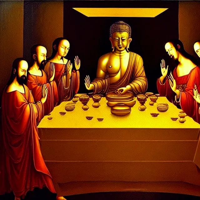 Image similar to a beautiful painting cyberpunk gold buddha the last supper, by leonardo da vinci realistic oil painting