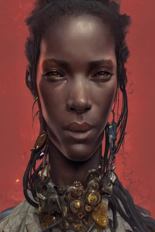 Image similar to A full portrait of a beautiful post apocalyptic African explorer, intricate, elegant, highly detailed, digital painting, artstation, concept art, smooth, sharp focus, illustration, art by Krenz Cushart and Artem Demura and alphonse mucha