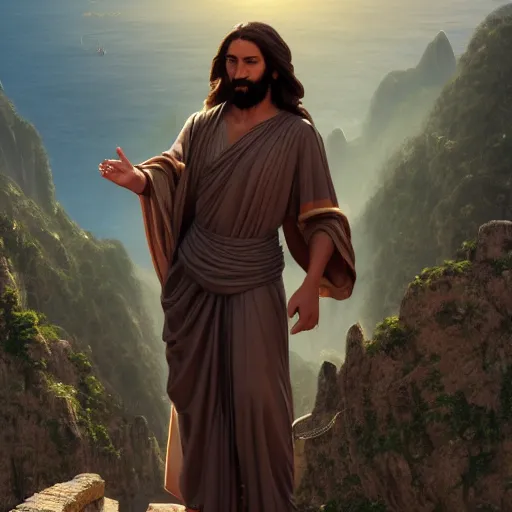 Image similar to an extremely detailed sculpture of a ridiculously good looking jesus that is posed like the buddy christ, long curly hair, elegant ancient greek dress, very detailed, standing on a mountain over rio de janeiro, beautiful, intricate, cinematic, artstation, william bouguereau, alphonse mucha, greg rutkowski, rossdraws, octane render