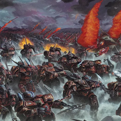 Image similar to Battle of the Imperial Guard on the planet against the Tyranids, Warhammer 40,000, Artist - Phil Moss