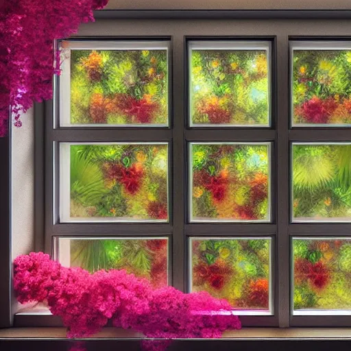 Prompt: a window full of tropical flowers, inside the window you can see the galaxy, trend in artstation, hdr, 8 k