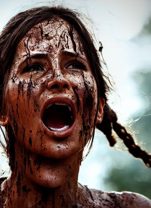 Image similar to a film still of lara croft screaming, her face muddy and sweat, direct sun light, close up potrait, cinematic,